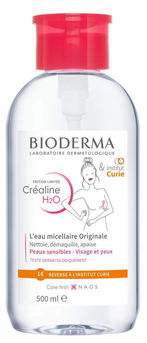 Eau micellaire Créaline H20, Bioderma, édition limitée Octobre Rose, 500 ml, 12,90 euros.