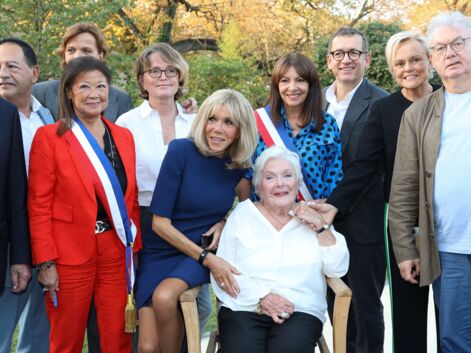 Brigitte Macron, Anne Hidalgo, Muriel Robin et sa compagne à l'inauguration du jardin des Ambassadeurs Line Renaud