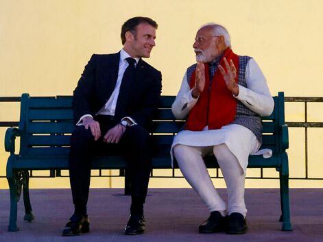 Le président français Emmanuel Macron en visite officielle en Inde avec Rachida Dati et Sébastien Lecornu
