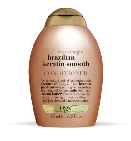 Après-shampoing brazilian keratin smooth, OGX en exclusivité chez Monoprix, 9,95€ les 385 ml