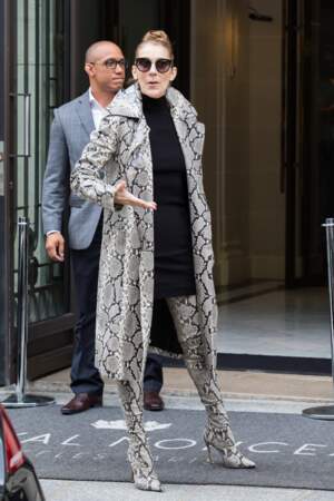 Céline Dion continue sa révolution avec un étonnant look manteau ET cuissardes 100 % serpent