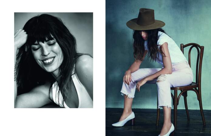 Lou Doillon égérie J Brand : tshirt blanc + jean pastel + escarpins minimalistes et chapeau = combo gagnant