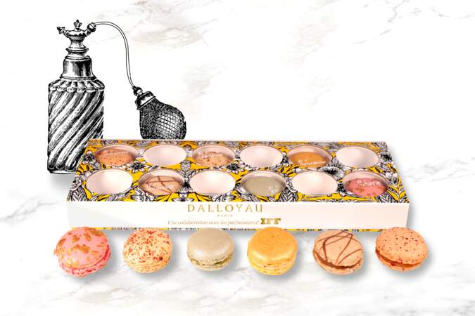 Coffret 12 macarons. 32 € vendu avec un tote bag, Dalloyau en collaboration avec avec 6 parfumeuses d’IFF.
