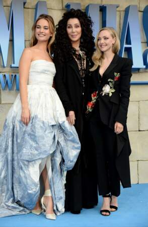 Lily James, Cher et Amanda Seyfried à l'avant-première de Mamma Mia 2 à Londres, le 16 juillet