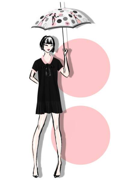 La petite robe noire à col roseet le parapluie (utile même en dehors des courts !)