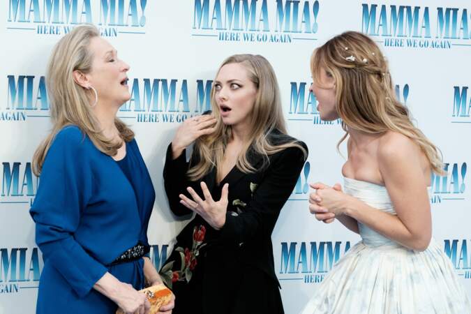 Meryl Streep, Amanda Seyfried et Lily James à l'avant-première de Mamma Mia 2 à Londres, le 16 juillet