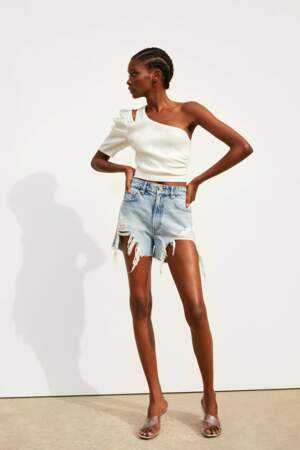 Short en jean taille haute avec déchirures, Zara, 19,99€