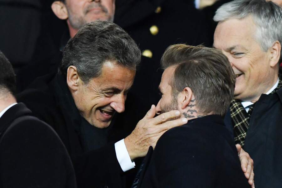 David Beckham et Nicolas Sarkozy dans les tribunes du Parc des Princes pour le match PSG-Real, le 6 mars