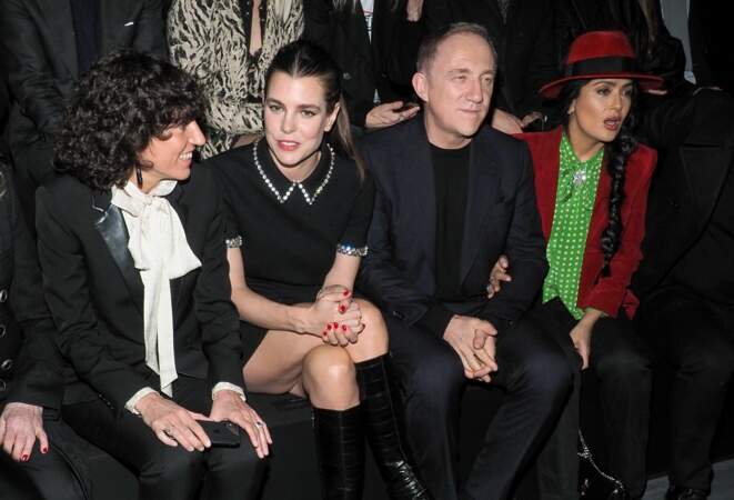 Charlotte Casiraghi, Salma Hayek et Francois-Henri Pinault au défilé Saint Laurent, à la fashion week de Paris