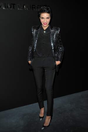 Farida Khelfa au défilé Saint Laurent, le 26 février, à la fashion week de Paris
