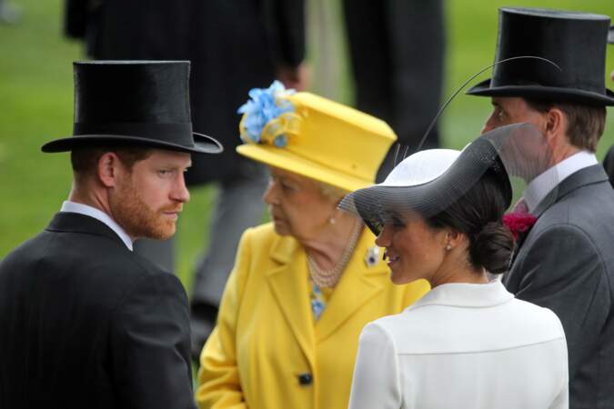 Le prince Harry, la reine Elizabeth II et Meghan Markle au Royal Ascot, le 19 juin 2018