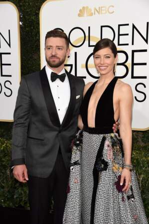 Golden Globes 2017 : Jessica Biel en Elie Saab et son mari Justin Timberlake en Tom Ford
