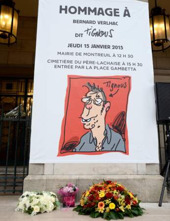 L'affiche annonçant l'hommage à Tignous et une caricature du dessinateur