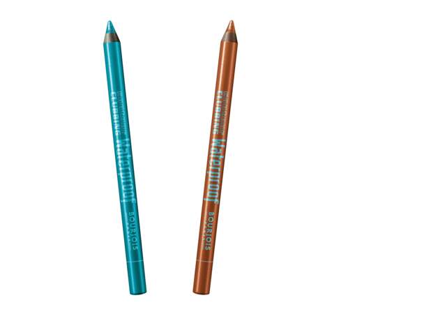 Crayons contour clubbing waterproof, 63 sea blue soon et 64 exub' orange, 8,55€ l’unité, Bourjois