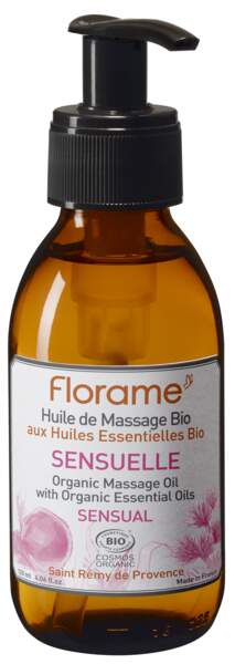 Huile de massage aux huiles essentielles bio, 14,75 € les 120 ml, Florame
