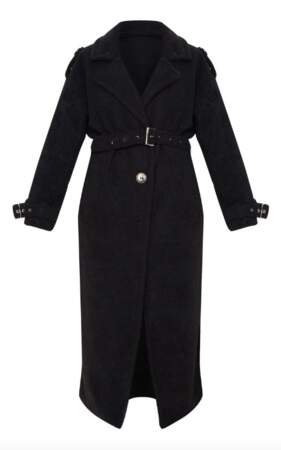 Manteau oversize en faux mouton noir et ceinture, PrettyLittleThing, 92€