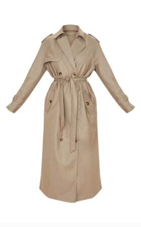 Trench coat oversize tissé gris pierre, PrettyLittleThing x Little Mix, 65€
