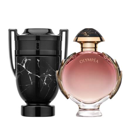 Duo parfums. Olympea Onyx Eau de Parfum pour femme (102 € les 80 ml) et Invictus Onyx Eau de Toilette pour homme (85 € les 100 ml), Paco Rabanne chez Sephora 