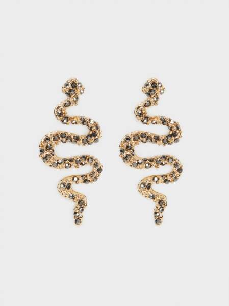 Boucles d'oreilles pendantes serpent en métal doré, Parfois, 12,99€
