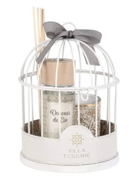 BALANCE / Diffuseur en verre et bougie parfumée support cage en métal blanc, Maisons du monde, 19,99€