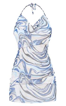 Robe moulante en mesh bleu imprimé marbré dos nu, PrettyLittleThing, actuellement à 17€