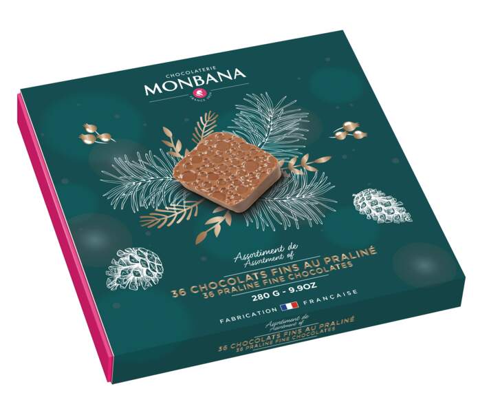 Assortiments de chocolats fins fourrés au praliné, 285 g (36 chocolats), Chocolaterie Mobana, fabrication française, 26,50€