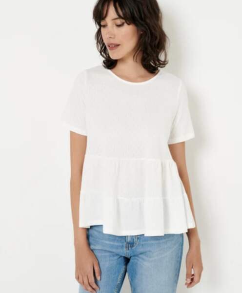 T-shirt femme à basque coton bio, parfait pour les épaules larges, Camaieu, 12,79 euros