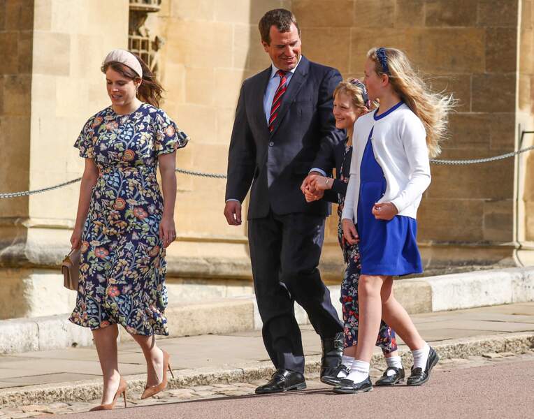 La princesse Eugenie, Peter Phillips, Isla Phillips et Savannah Phillips à la messe de Pâques