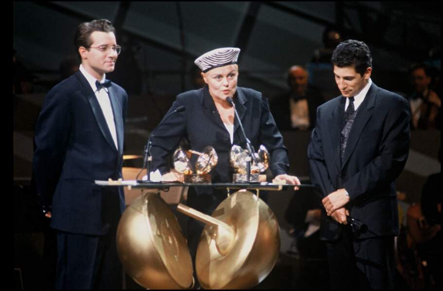 Jean-Luc Delarue, Muriel Robin et Nagui aux Victoires de la musique en 1993