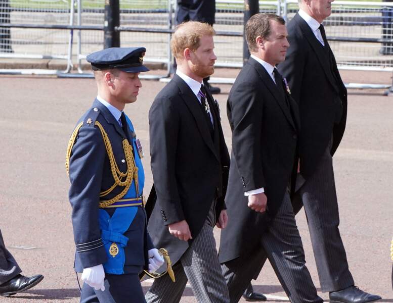 Procession du cercueil de la reine Elizabeth II : les deux frères, les princes William et Harry, défilent côte à côte