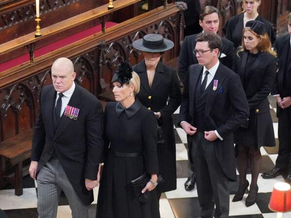 Obsèques de la reine Elizabeth II : Mike et Zara Tindall, la princesse Eugenie d'York et son époux Jack Brooksbank, la princesse Beatrice et son époux Edoardo Mapelli Mozzi