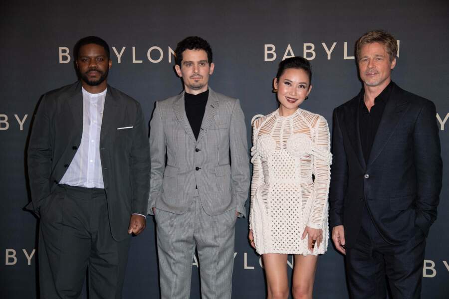 Jovan Adepo, Damien Chazelle, Li Jun Li et Brad Pitt à l'avant-première de Babylon