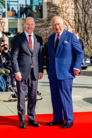 Le roi Charles III et Olaf Scholz durant un meeting à Berlin le 30 mars 2023.
