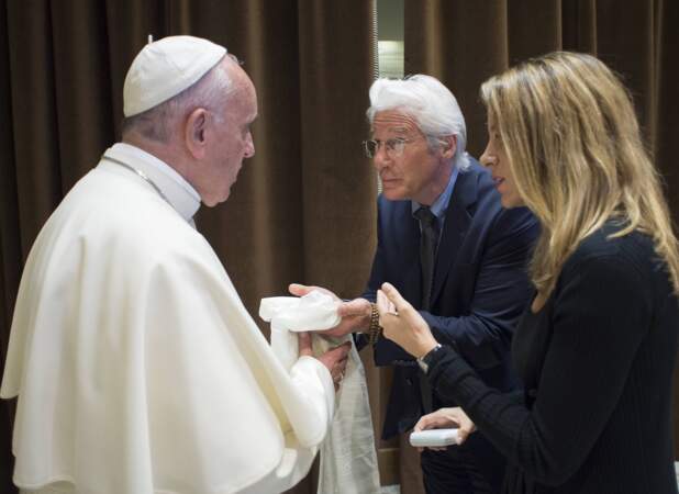 Le pape François s'est entretenu avec l'acteur américain Richard Gere et sa petite amie Alejandra Silva, le 29 mai 2016.