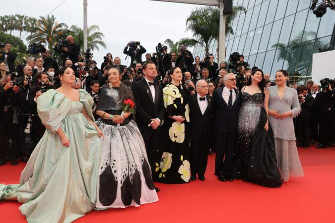 Festival de Cannes 2023 Killers of the Flower Moon : Jillian Dio, Tantoo Cardinal, Leonardo DiCaprio, Lily Gladstone, Martin Scorsese, Robert De Niro et Cara Jade Myers.