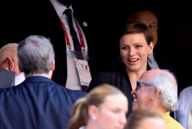 La princesse Charlène de Monaco dans les tribunes lors du match de rugby entre l'Afrique du Sud et l’Écosse (18-3) au stade Vélodrome à Marseille le 10 septembre 2023.