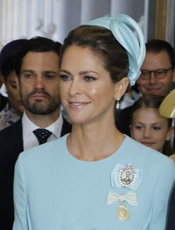 La princesse Madeleine de Suède arrive pour le service d'action de grâce, Te Deum, dans l'église Palais Royal à Stockholm.