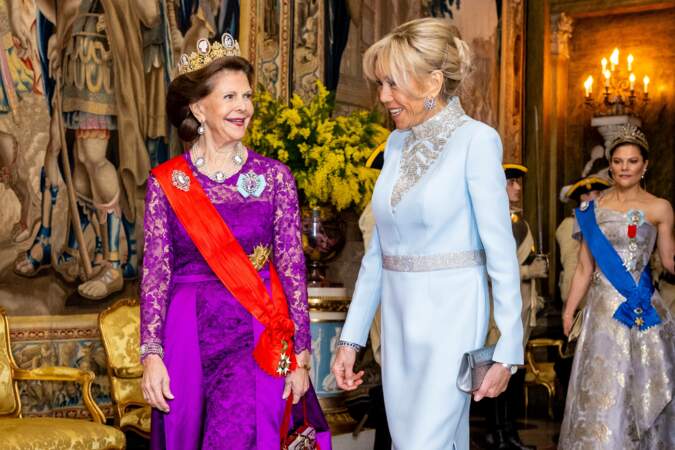 Dîner d'état en l'honneur du président Emmanuel Macron et de Brigitte Macron au Palais royal de Stockholm : la reine Silvia de Suède, Brigitte Macron.