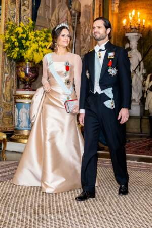 Dîner d'état en l'honneur du président Emmanuel Macron et de Brigitte Macron au Palais royal de Stockholm : la princesse Sofia et le prince Carl Philip de Suède.