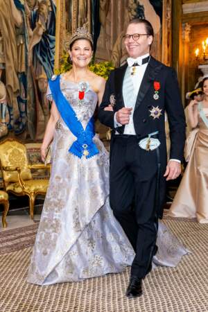 Dîner d'état en l'honneur du président Emmanuel Macron et de Brigitte Macron au Palais royal de Stockholm : la princesse Victoria de Suède et le prince Daniel .