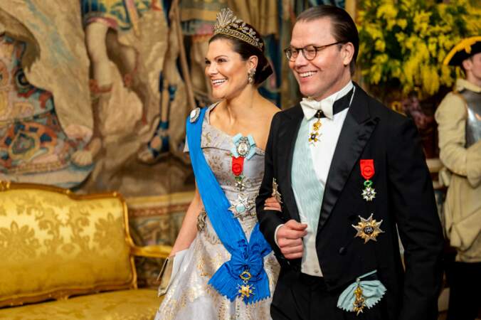 Dîner d'état en l'honneur du président Emmanuel Macron et de Brigitte Macron au Palais royal de Stockholm : la princesse Victoria de Suède et le prince Daniel .