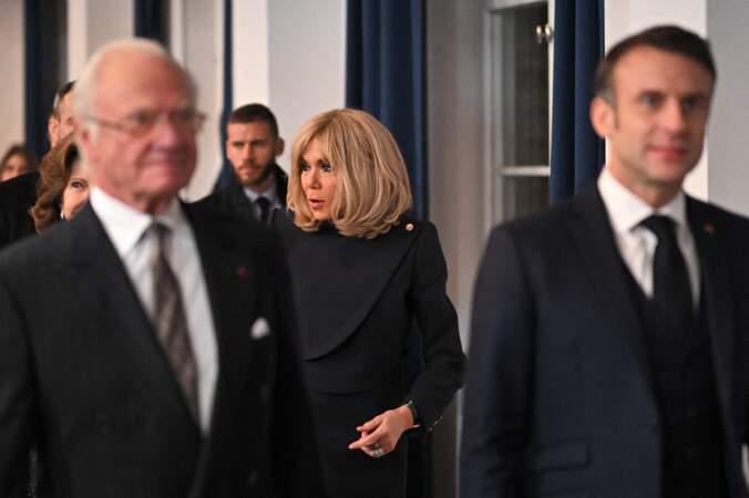 Brigitte Macron lors d'une réception d'adieu organisée par le couple présidentiel français en l'honneur du couple royal suédois à l'université de Lund à Lund.