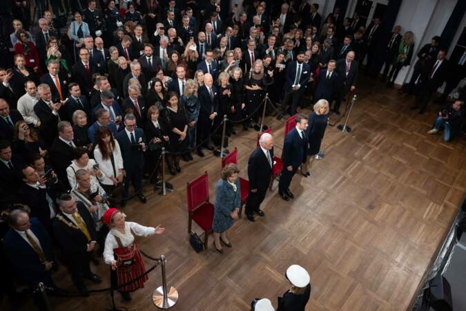 La reine Silvia et le roi Carl XVI Gustaf de Suède, Brigitte Macron et Emmanuel Macron à l'université de Lund à Lund.
