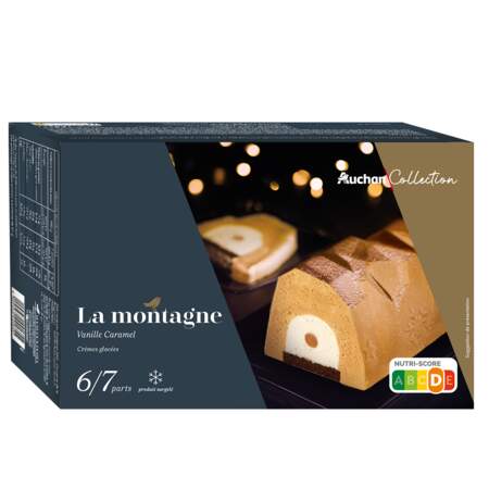 Bûche montagne glacée vanille caramel, 485 g, 8,99 €, Auchan.