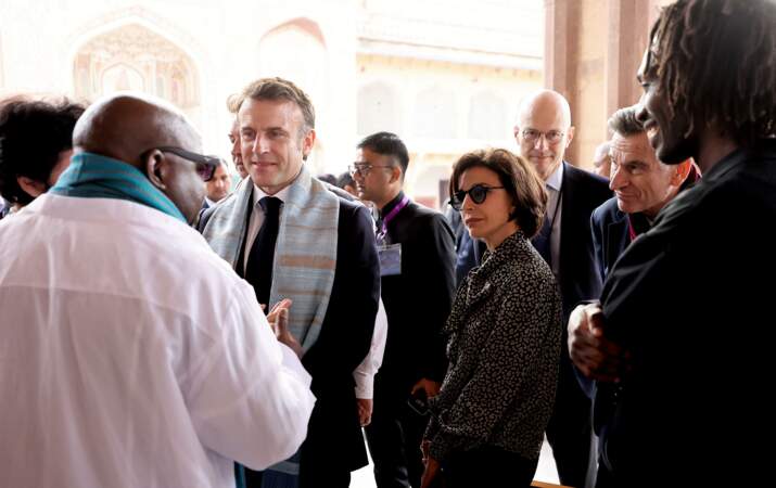 Rachida Dati, ministre de la Culture et le président Emmanuel Macron lors de la cérémonie d’accueil au Fort d'Amber à Jaipur, dans le cadre de son voyage officiel en Inde.