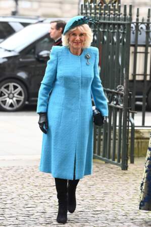 Camilla Parker Bowles, reine consort d'Angleterre arrive au service de célébration de la Journée du Commonwealth à l'abbaye de Westminster de Londres.