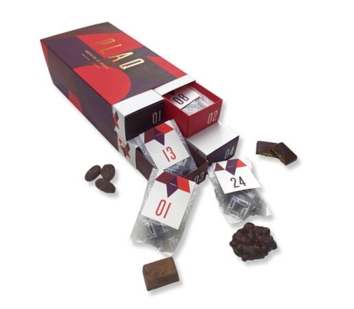 Calendrier de l'Avent Manufacture de chocolats Plaq, avec 4 boîtes de 6 sachets remplis de chocolats, 60€