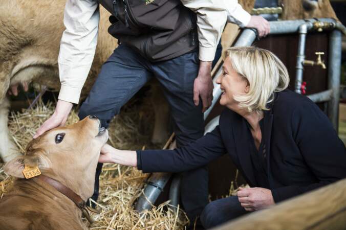 Marine Le Pen et un veau très peu content de la situation 