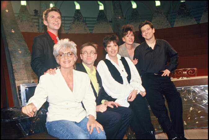 Laurent Ruquier (32 ans) avec Catherine Lara, Frederic Lebon, Laurence Boccolini, Virginie Lemoine et Laurent Gerra en 1995