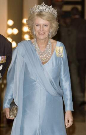 Camilla Parker-Bowles (60 ans) porte une belle couronne et une robe bleue lors du dîner des chefs des gouvernements du commowealth en 2007